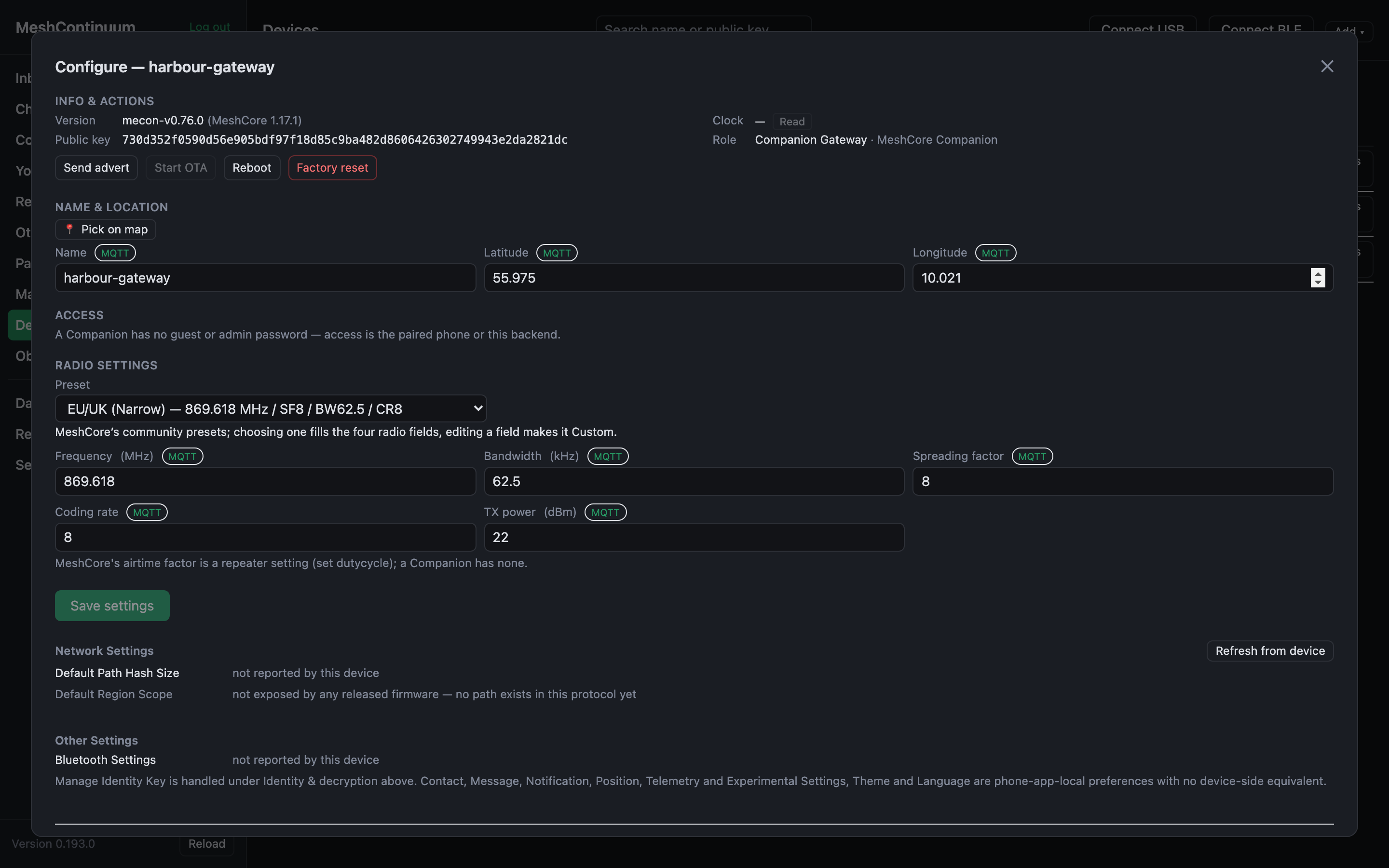 A Companion's Configure page: name and location, and its radio settings matched to the EU/UK (Narrow) community preset, each field marked with the transport that writes it.