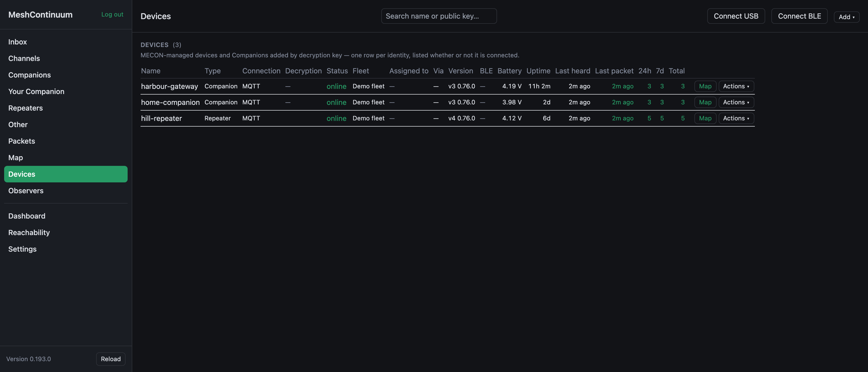 The Devices list: two Companions and a Repeater, each with its connection, firmware version, battery, uptime, when it was last heard and how many packets it reported.