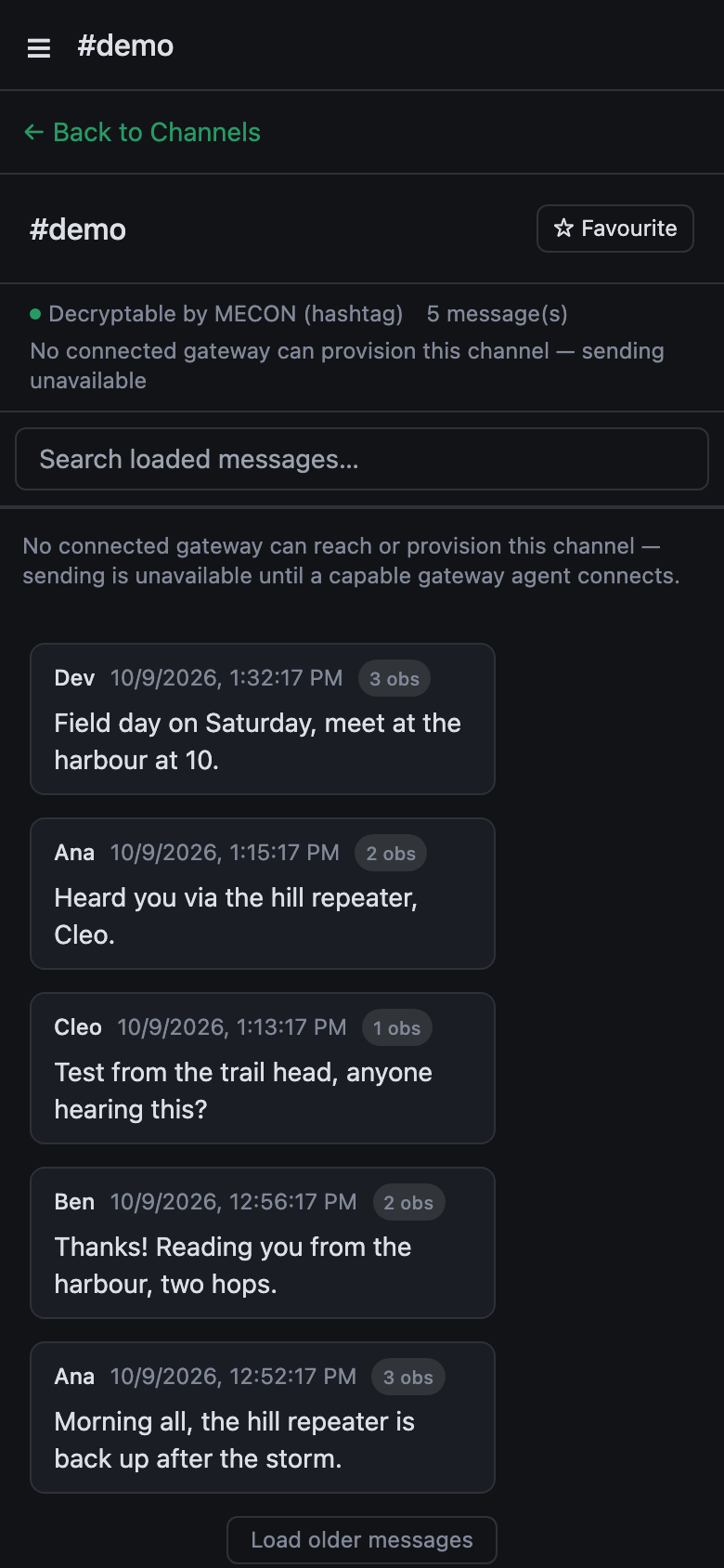 A channel conversation on a phone, with how many observers heard each message.